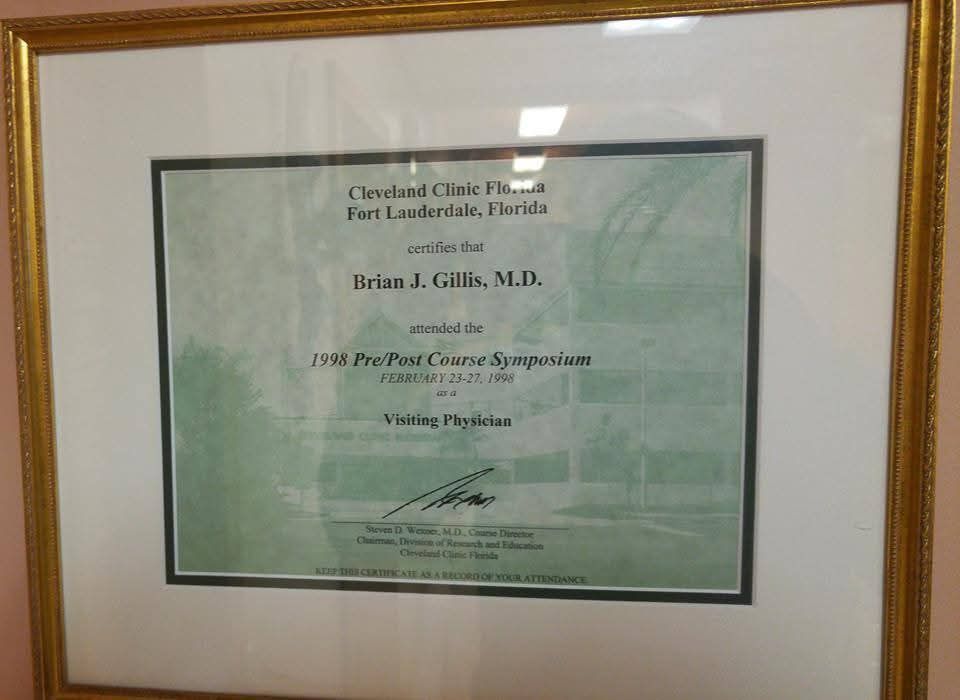 A framed certificate for brian j gille md
