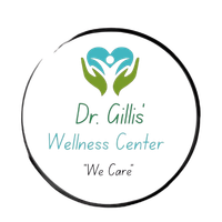 The logo for dr. gillis 's wellness center says `` we care ''.
