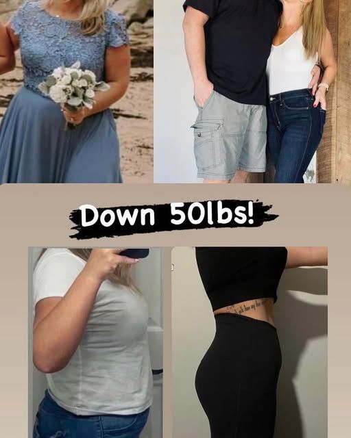 A woman has lost 50 lbs and is standing next to a man