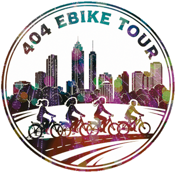 Logo for “404 Ebike Tour” with a colorful city skyline and four cyclists riding across the foreground.