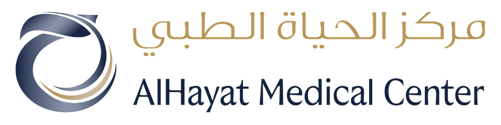 AlHayat Medical Center logo with blue circular emblem and Arabic and English text