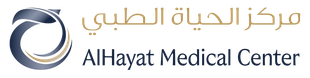 AlHayat Medical Center logo with blue circular emblem and Arabic and English text