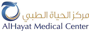 AlHayat Medical Center logo with blue circular emblem and Arabic and English text