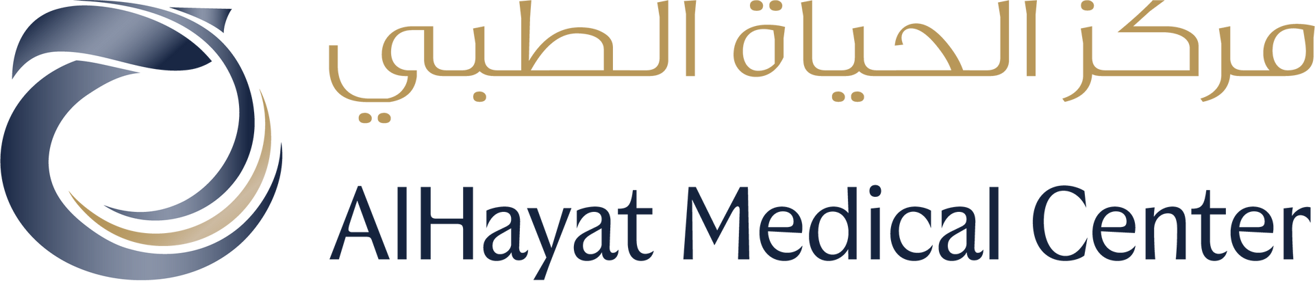AlHayat Medical Center logo with Arabic and English text in blue and gold