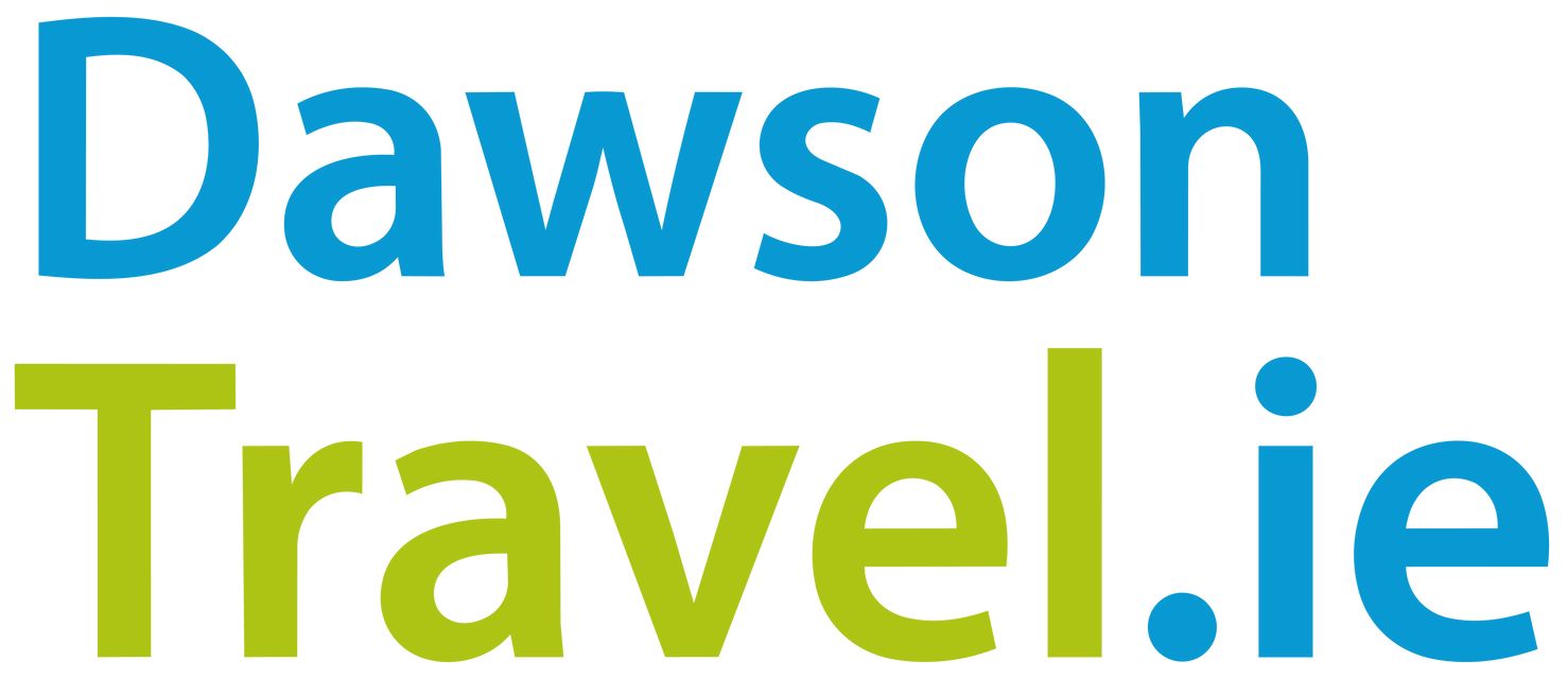 Dawson Travel.ie logo in blue and lime green text on a white background