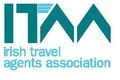 Logo for Irish Travel Agents Association in teal and light blue text and symbols
