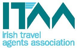 Logo for Irish Travel Agents Association in teal and light blue text and symbols