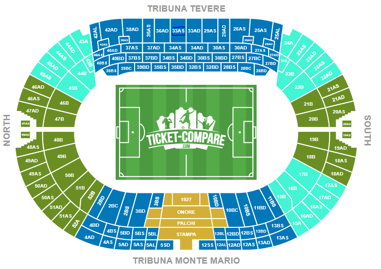 Color-coded stadium seating map around a soccer field, labeled Tribuna Tevere, Nord, Sud, and Monte Mario.