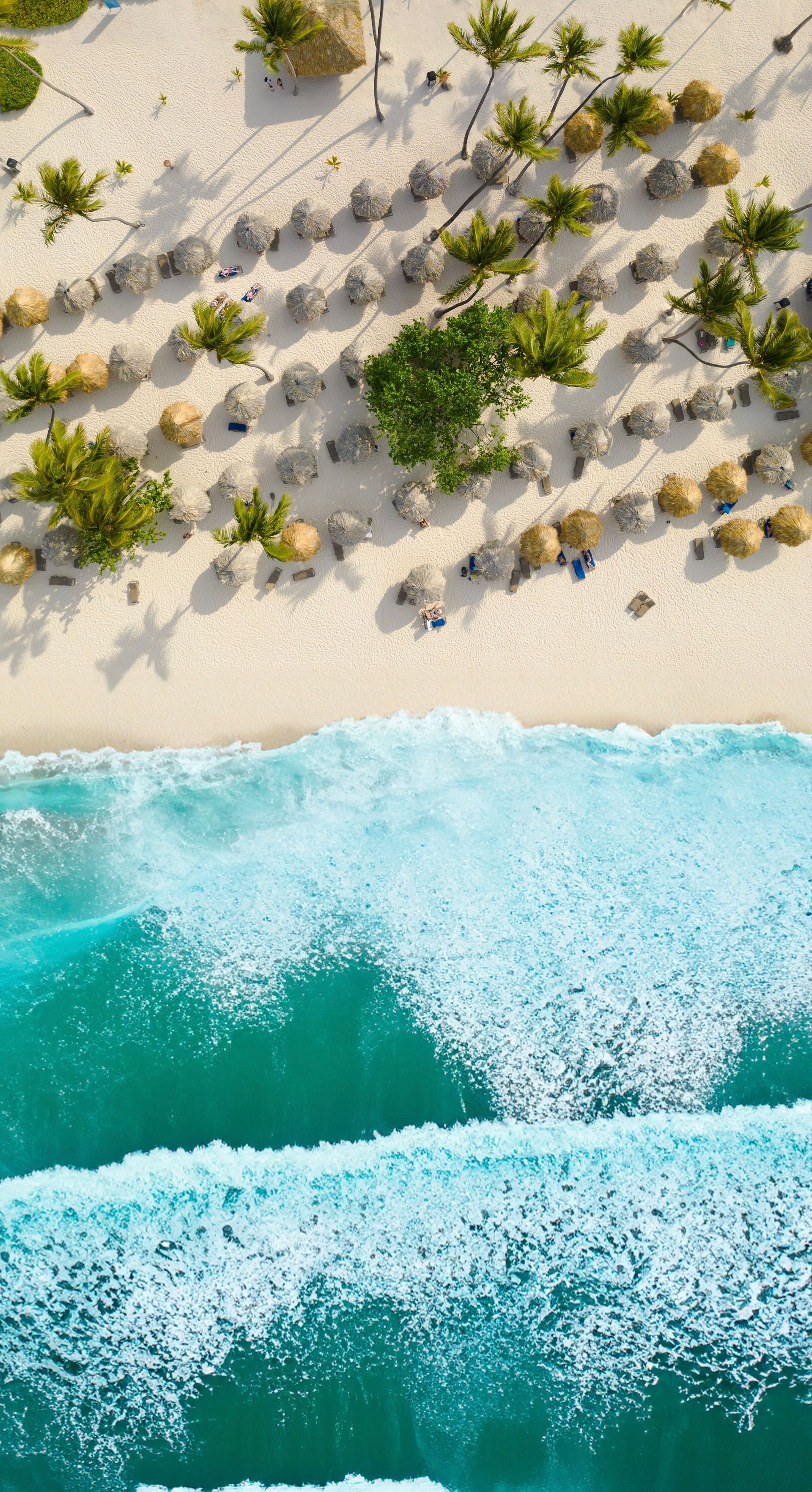 Aerial view of turquoise waves crashing onto a sandy beach with scattered green shrubs.