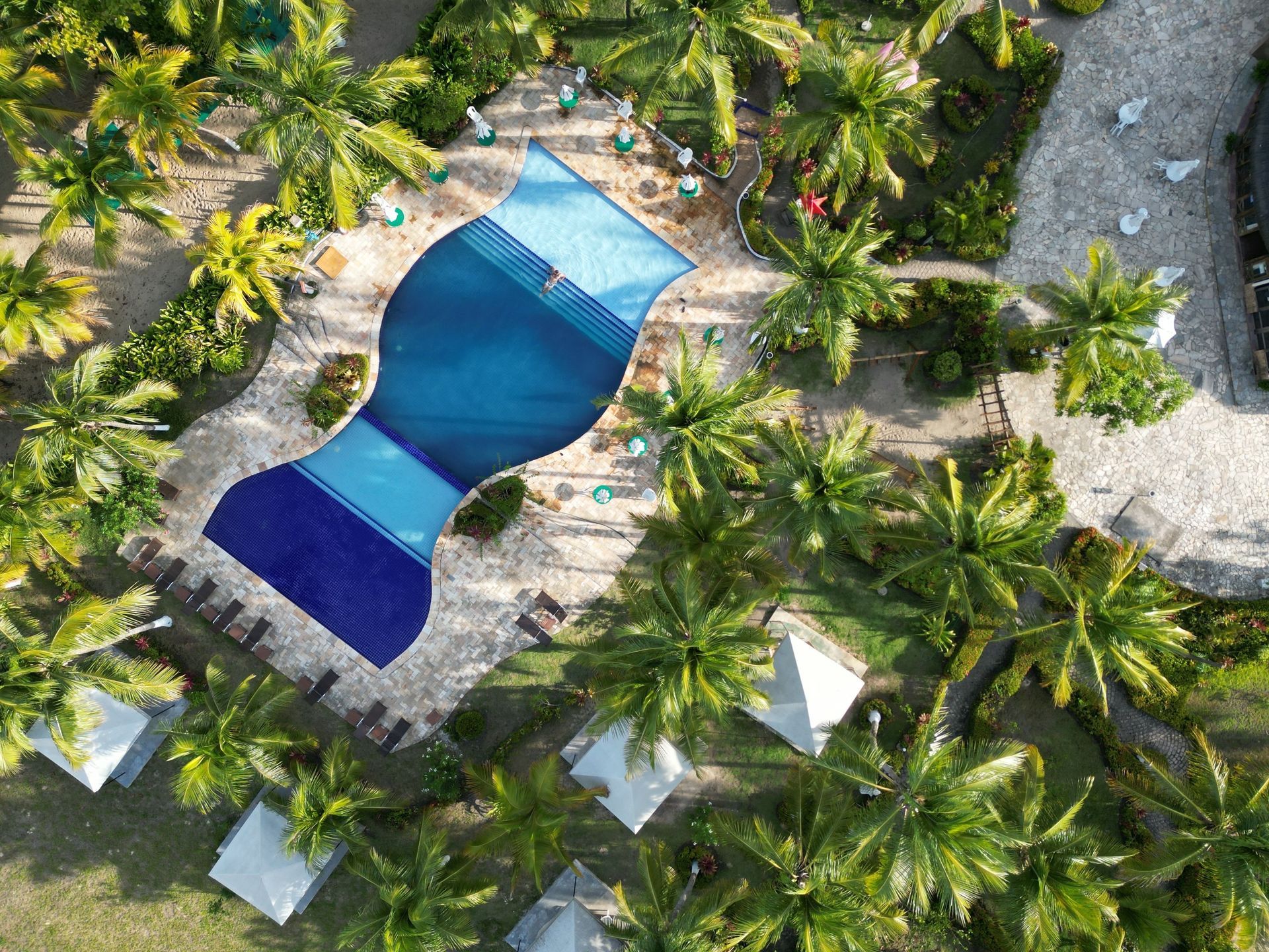 Aerial view of a blue swimming pool surrounded by palm trees and white lounge chairs on a sandy resort patio