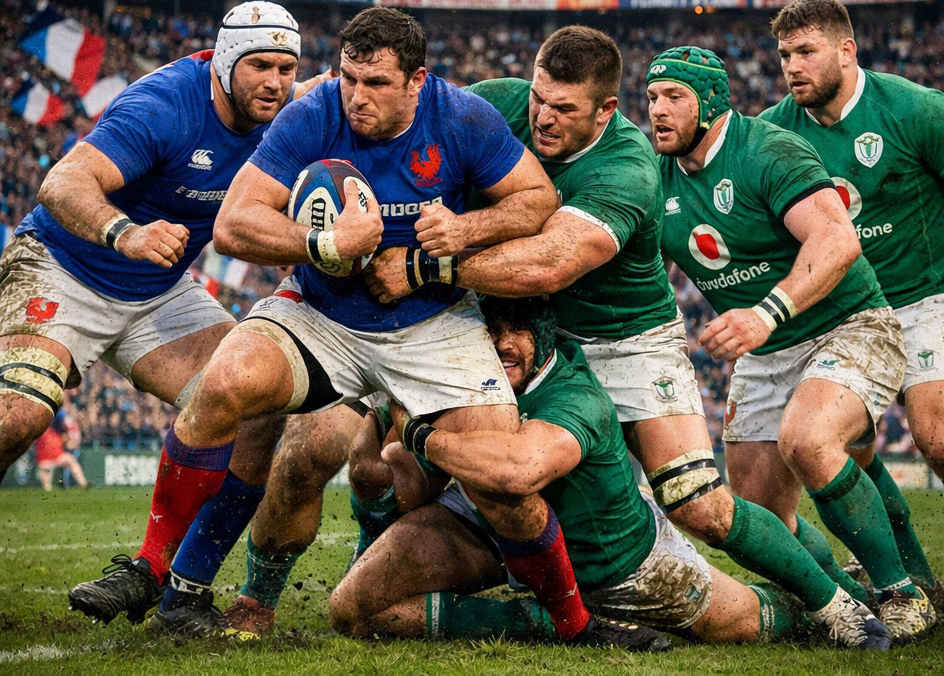 Rugby players in blue and green clash in a muddy tackle during a match.