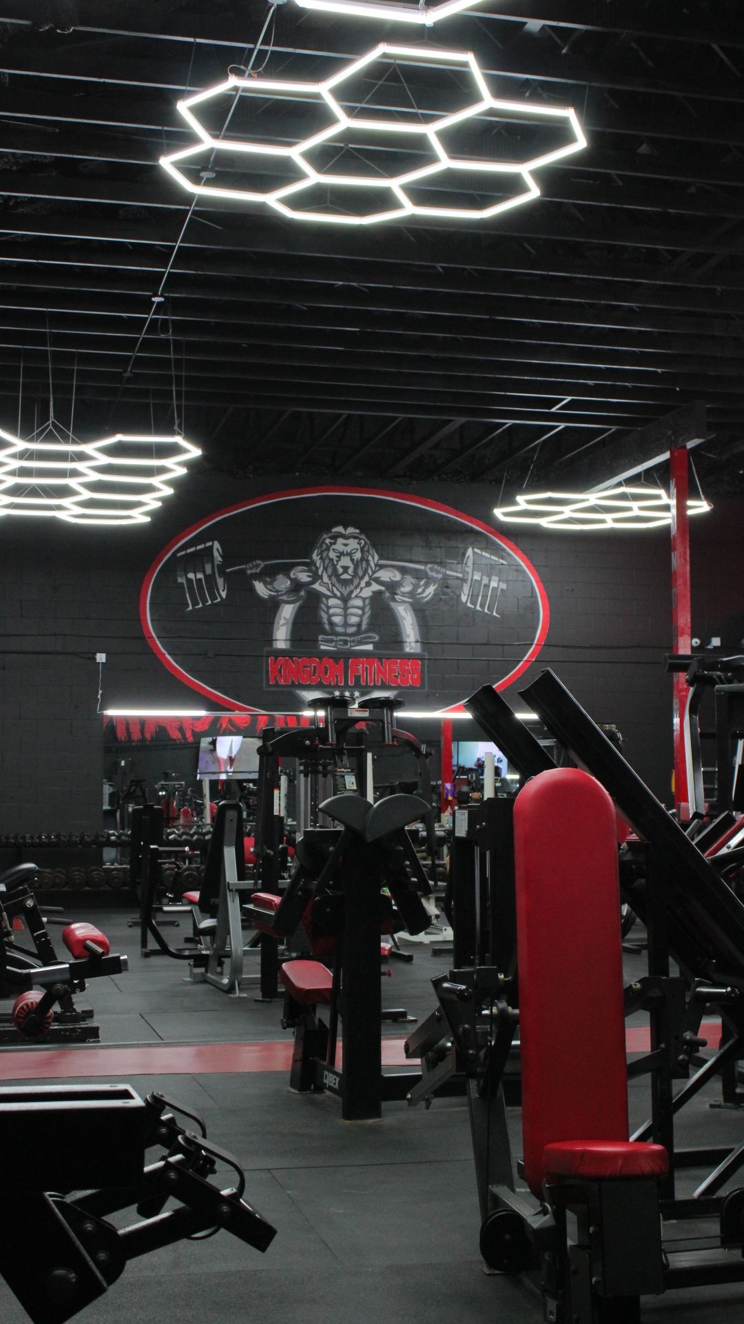 Modern gym interior with red-and-black equipment and bright hexagonal ceiling lights