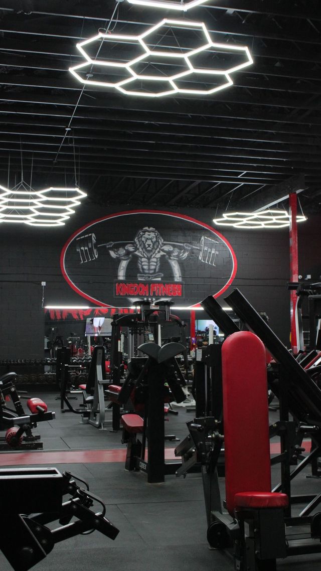 Modern gym interior with red and black weight machines and hexagonal ceiling lights