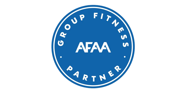Blue circular AFPA Group Fitness Partner logo with white text and stars