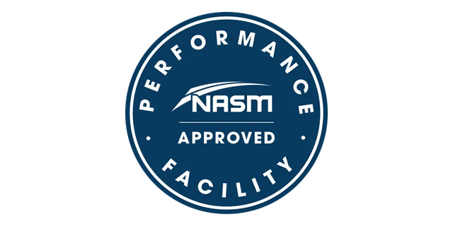 Navy circular “NASM Approved Performance Facility” badge logo with white text