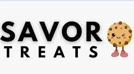 Savor Treats logo with bold black text and a smiling cookie character on a white background