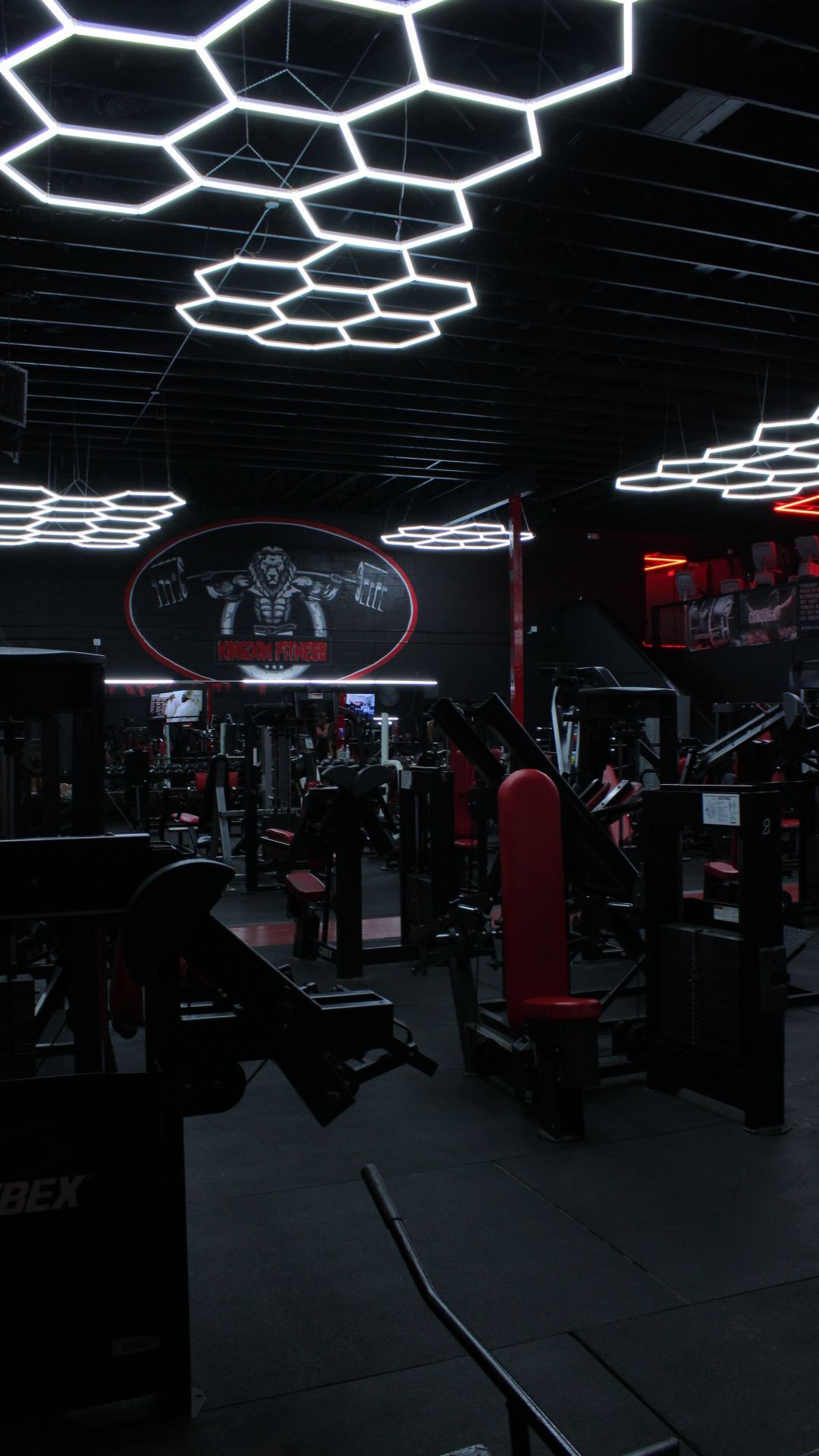 Dark gym interior with hexagonal ceiling lights and exercise machines