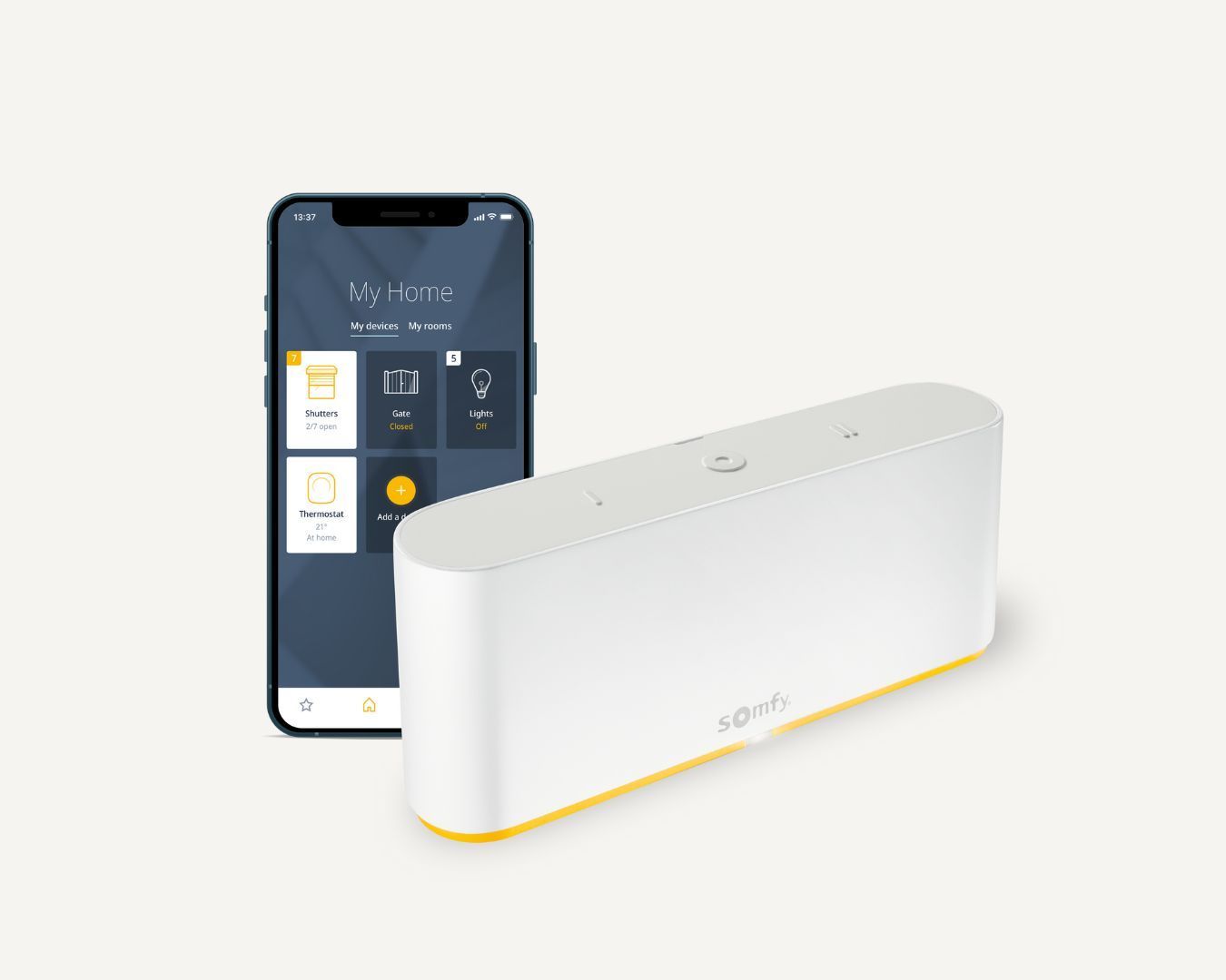 Smart home device for controlling roller blinds, displayed with a smartphone app.