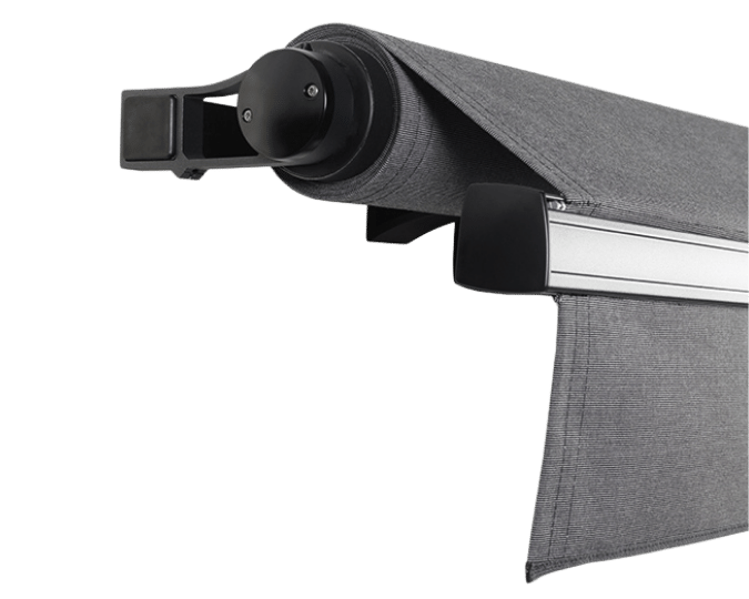 A close up of a gray awning on a white background