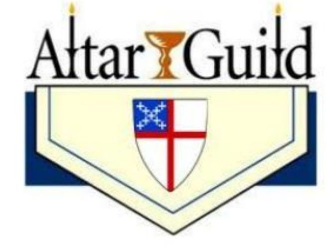 A logo for the altar guild with a cross and candles