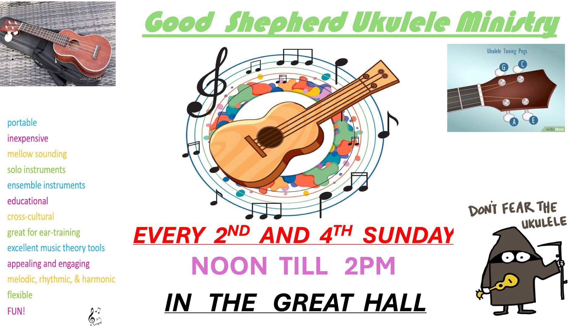 Good Shepherd Ukulele Ministry Sunday at the Grace Hall UMC, with ukulele images and event dates