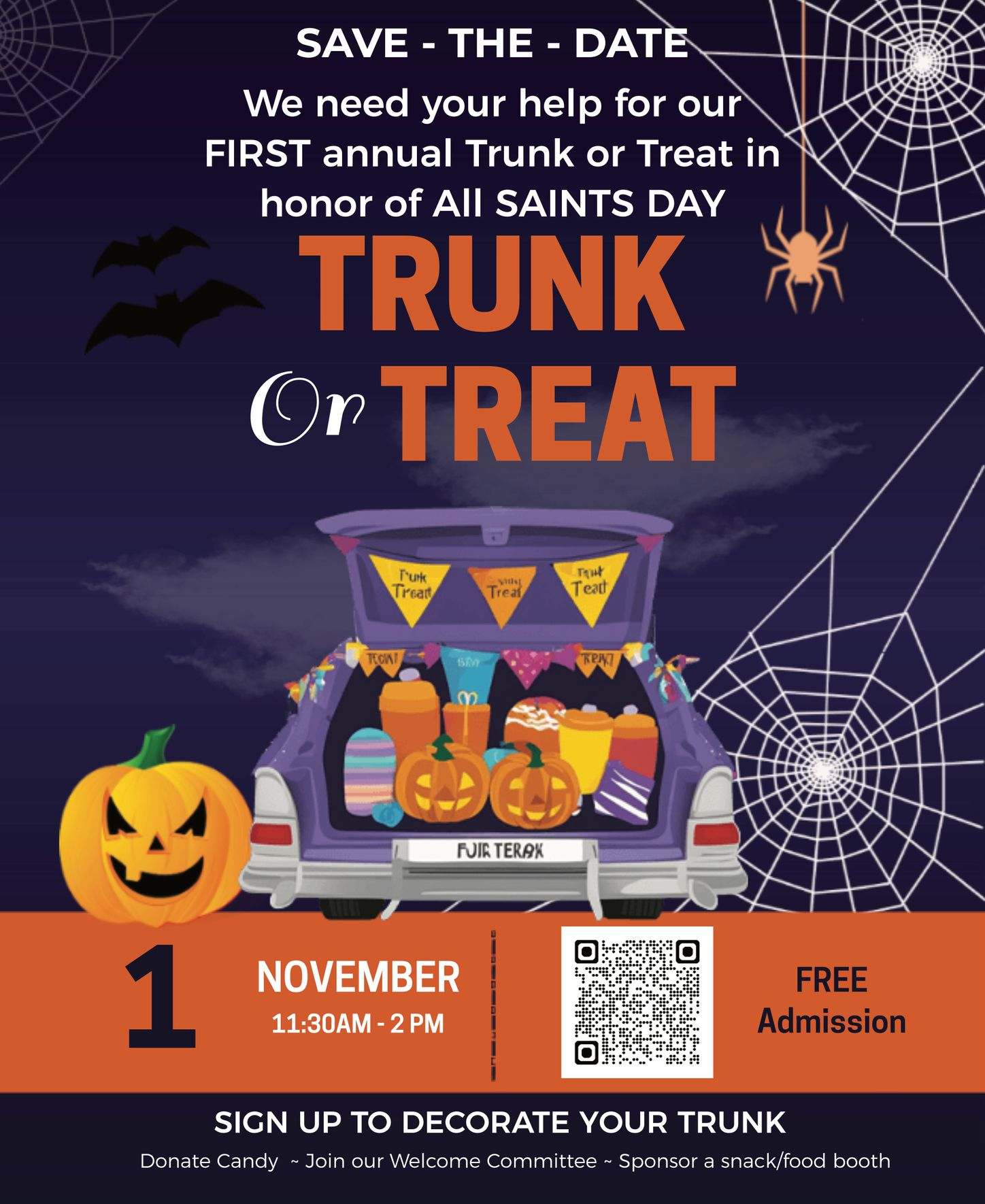 Halloween trunk-or-treat flyer with orange pumpkins, decorated car, and event details on a dark purple background