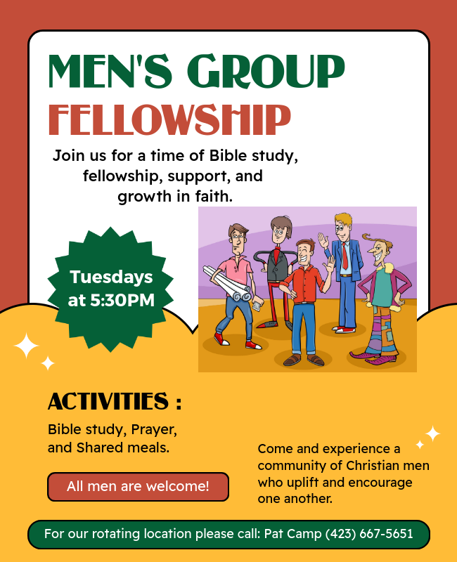 Poster: Men's group fellowship at Gilchrist Park Pavilion in Punta Gorda. Tuesdays at 5:30 PM. Activities include discussion, prayer, and meals.