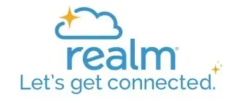 A logo for realm that says let 's get connected