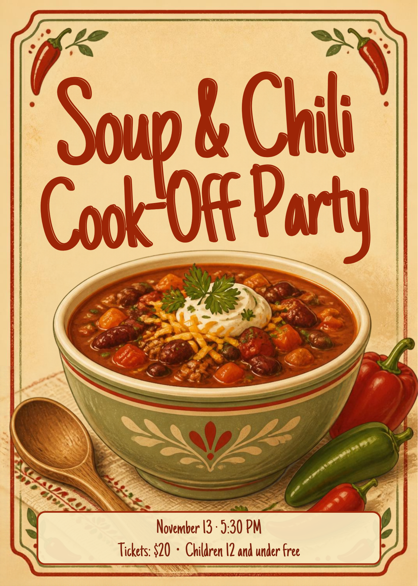 Soup & Chili Cook-Off Party poster with a bowl of chili, spoons, and peppers in warm red tones