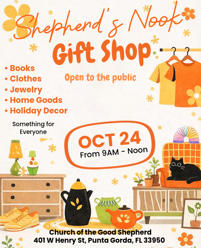 Shepherd’s Nook Gift Shop flyer with orange clothes, gifts, Oct 24 9AM–Noon at Church of the Good Shepherd