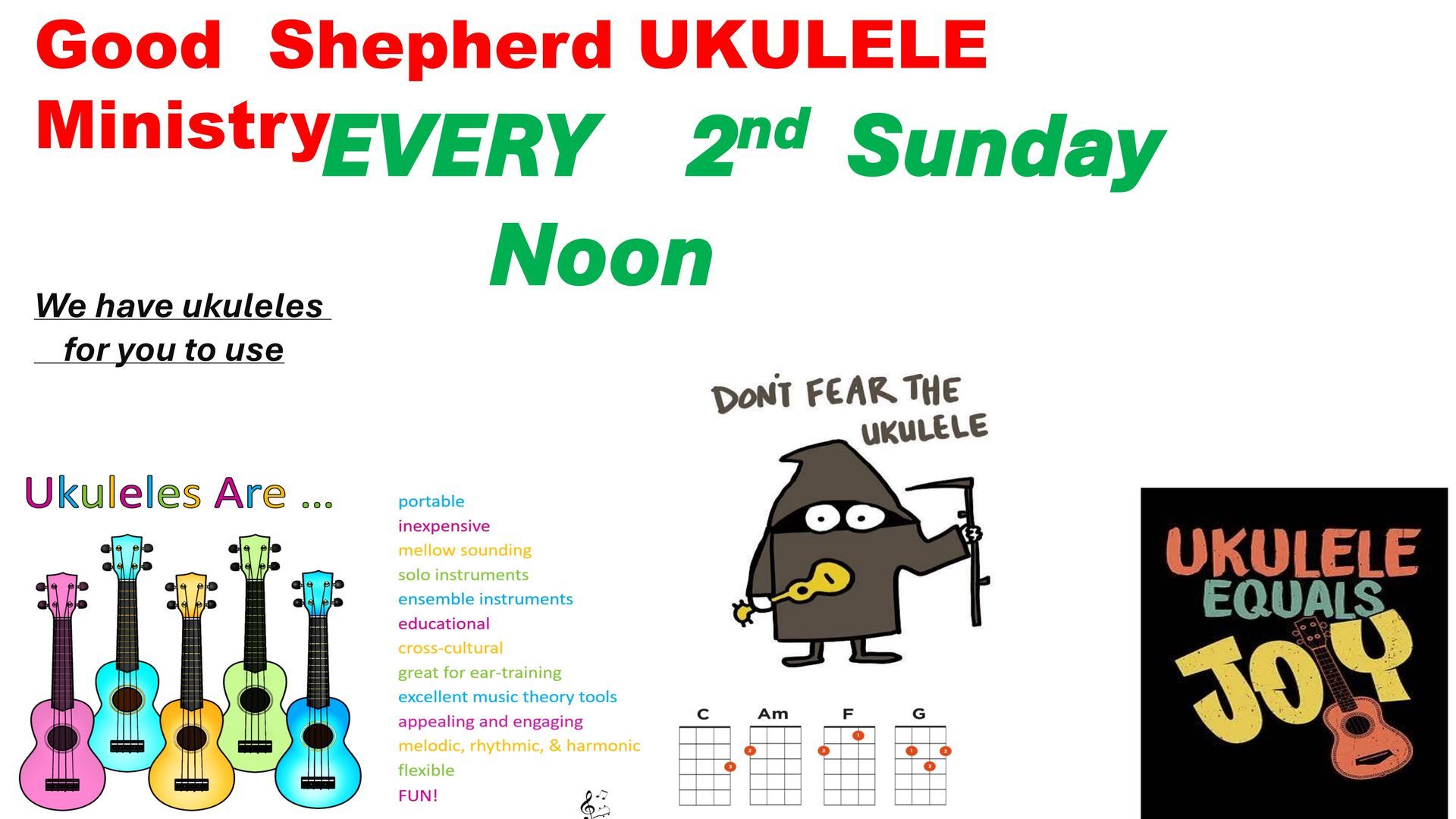 Good Shepherd Ukulele Ministry Sunday at the Grace Hall UMC, with ukulele images and event dates