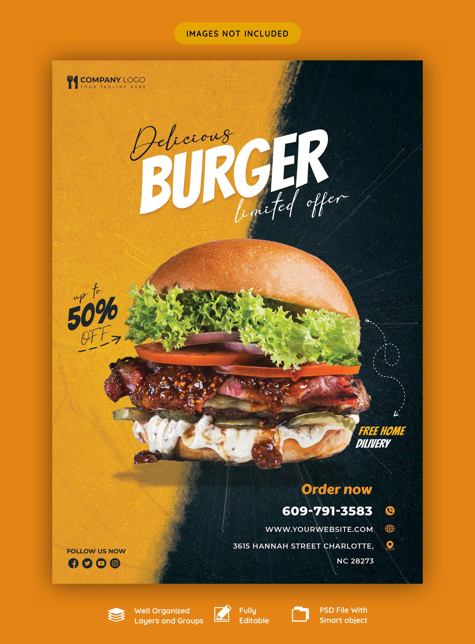 Un anuncio de hamburguesas sobre un fondo amarillo y negro con el texto 