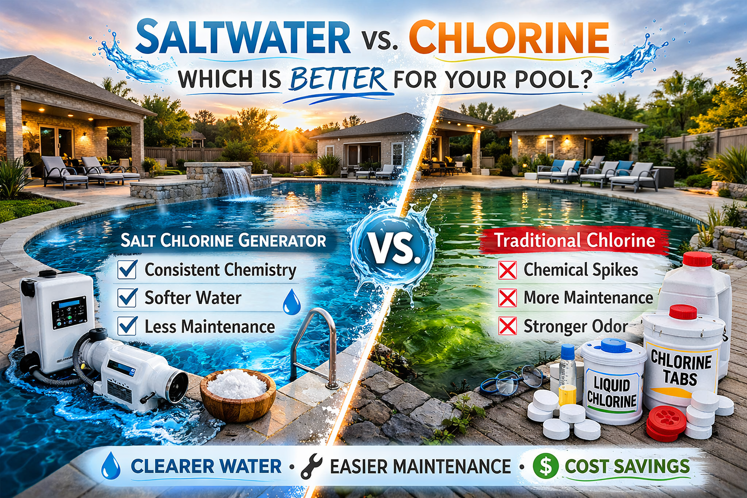 Salt water pool vs chlorine pool comparison in St Charles County
