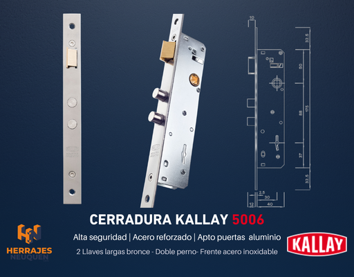 CERRADURA ANGOSTA 5006 DOBLE PERNO INOX. KALLAY