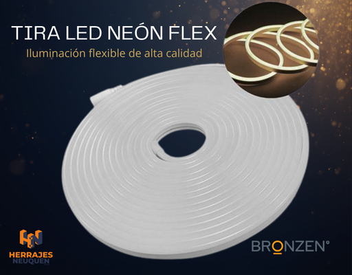 Bobina de tira LED neón flexible blanca, con texto promocional y luces circulares de ejemplo.