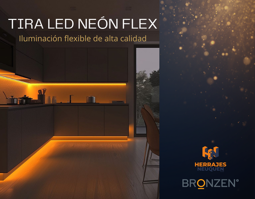Bobina de tira LED neón flexible blanca, con texto promocional y luces circulares de ejemplo.
