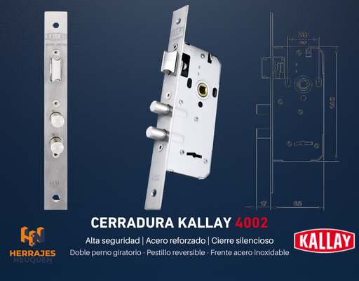 CERRADURA DE EXTERIOR 4002 DOBLE PERNO INOX. KALLAY