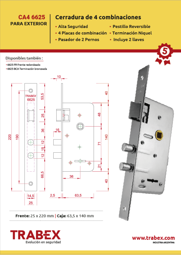 Catálogo de cerradura de 4 combinaciones TRABEX con plano técnico y foto del producto en metal