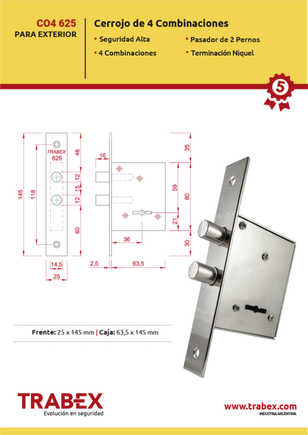 Catálogo de cerradura de 4 combinaciones TRABEX con plano técnico y foto del producto en metal
