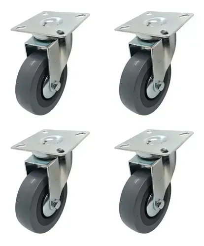 Cuatro ruedas giratorias negras con placas de montaje metálicas dispuestas en una cuadrícula de 2x2.