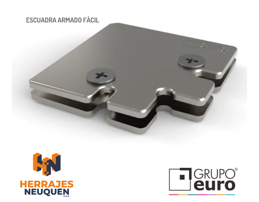 Esquinero metálico plateado para armado fácil, con dos tornillos y logotipos de Herrajes Neuquén y Grupo Euro