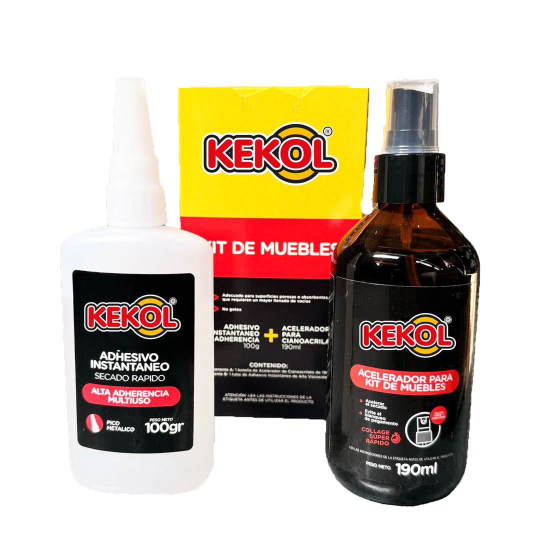 Kit de adhesivo para muebles Kekol con botella blanca, botella negra y caja de producto amarilla.