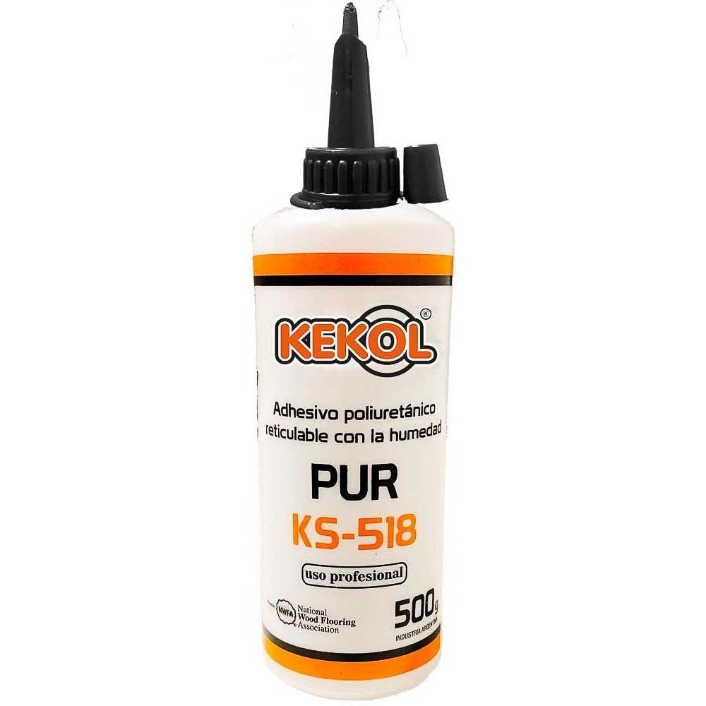 Botella blanca de adhesivo de poliuretano Kekol PUR KS-518, boquilla y tapa negras.