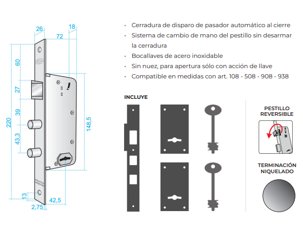 CERRADURA AUTOMATICA DOBLE PERNO CONSORCIO SIN NUEZ AUTOLLAVE 808 ROA