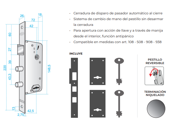 CERRADURA AUTOMATICA DOBLE PERNO CONSORCIO AUTOLLAVE 828 ROA º
