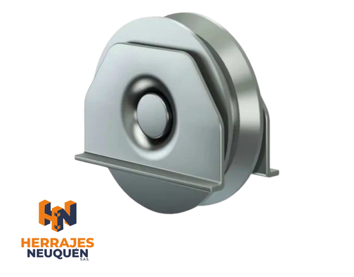 Herrajes de metal gris para ruedas deslizantes sobre fondo blanco con el logotipo de Herajes Neuquén.