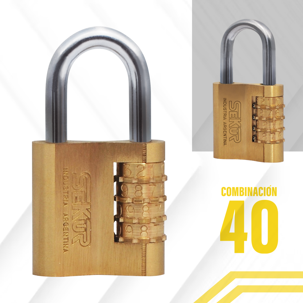 Candado de combinación de latón con grillete plateado y texto “40” sobre fondo blanco.
