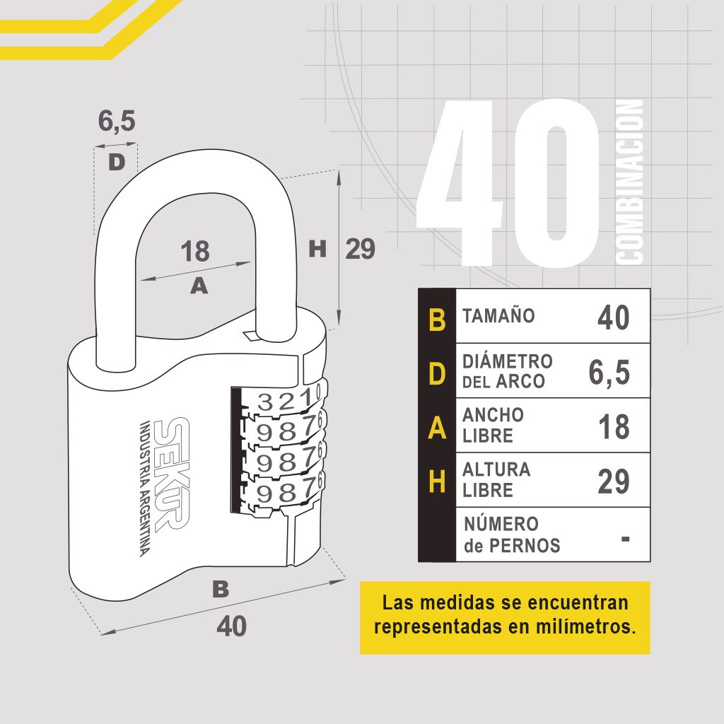 Candado de combinación de latón con grillete plateado y texto “40” sobre fondo blanco.