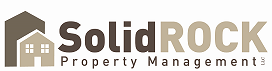 SolidROCK Property Management logo with house icon in brown and gray