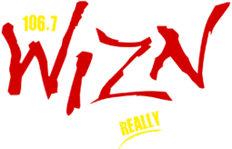 Logo for radio station 106.7 WIZN, red stylized text with yellow accents that says